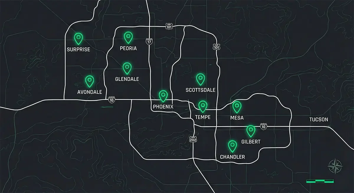 Phoenix metro area service map showing Scottsdale, Phoenix, Tempe, Mesa, Chandler, Gilbert, Glendale, and Peoria