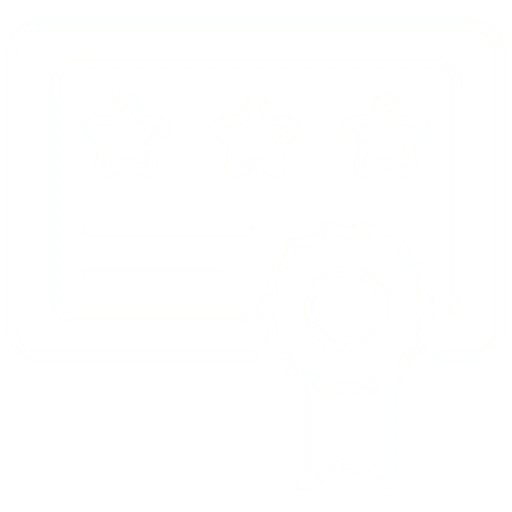 Certificate with stars and ribbon icon.