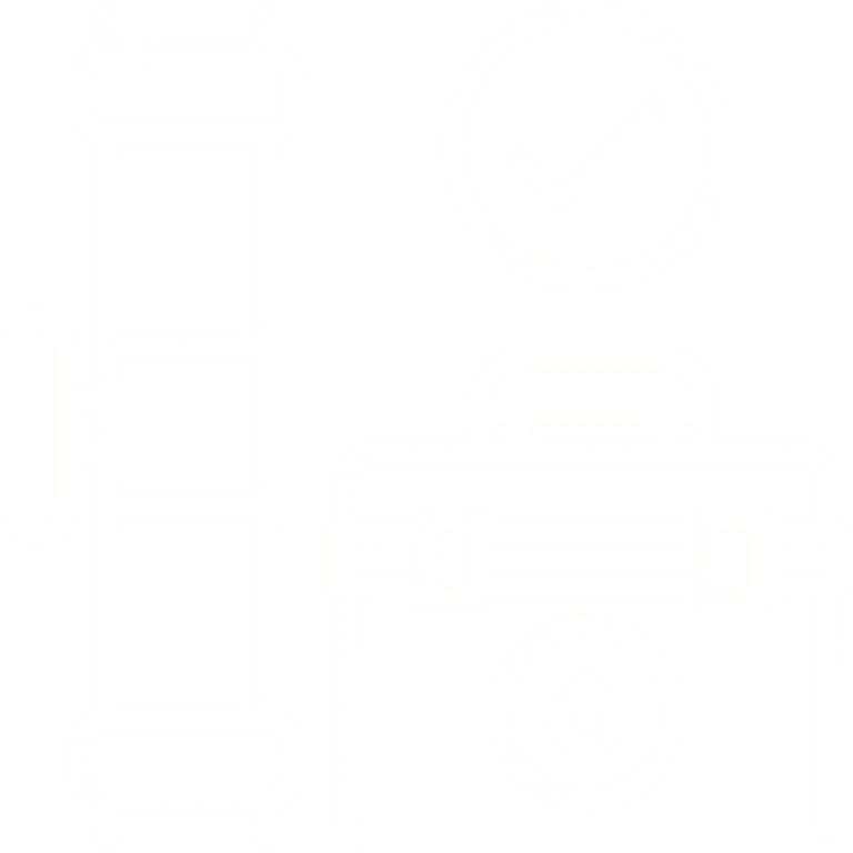 Pipeline, toolbox, checkmark icon on black background.