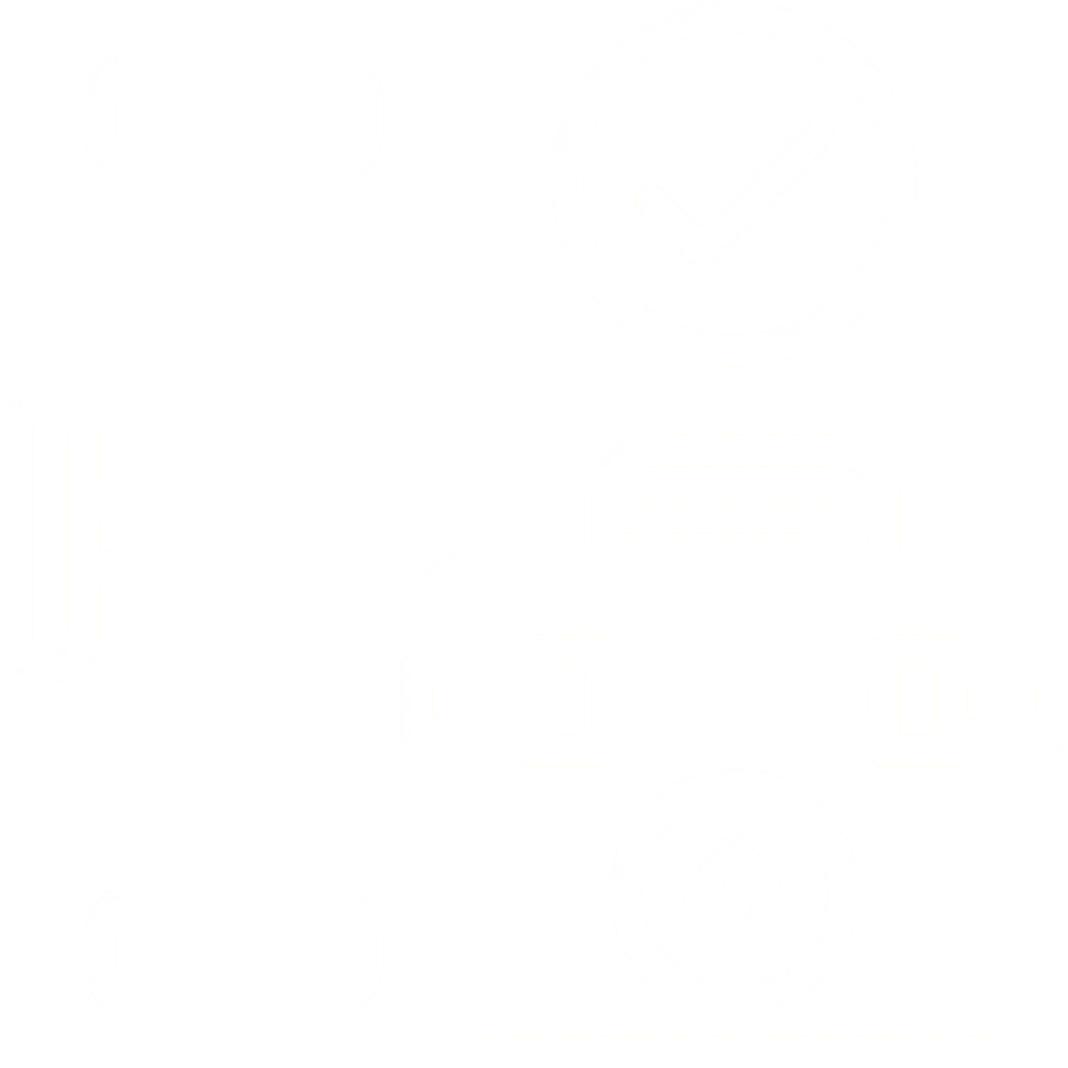 Pipeline, toolbox, checkmark icon on black background.
