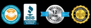 Energy efficiency and warranty trust seals for Nespolo Mechanical HVAC services, including PNM Authorized Contractor, BBB Accredited Business, 12-Year Warranty, and 100% Satisfaction Guaranteed.