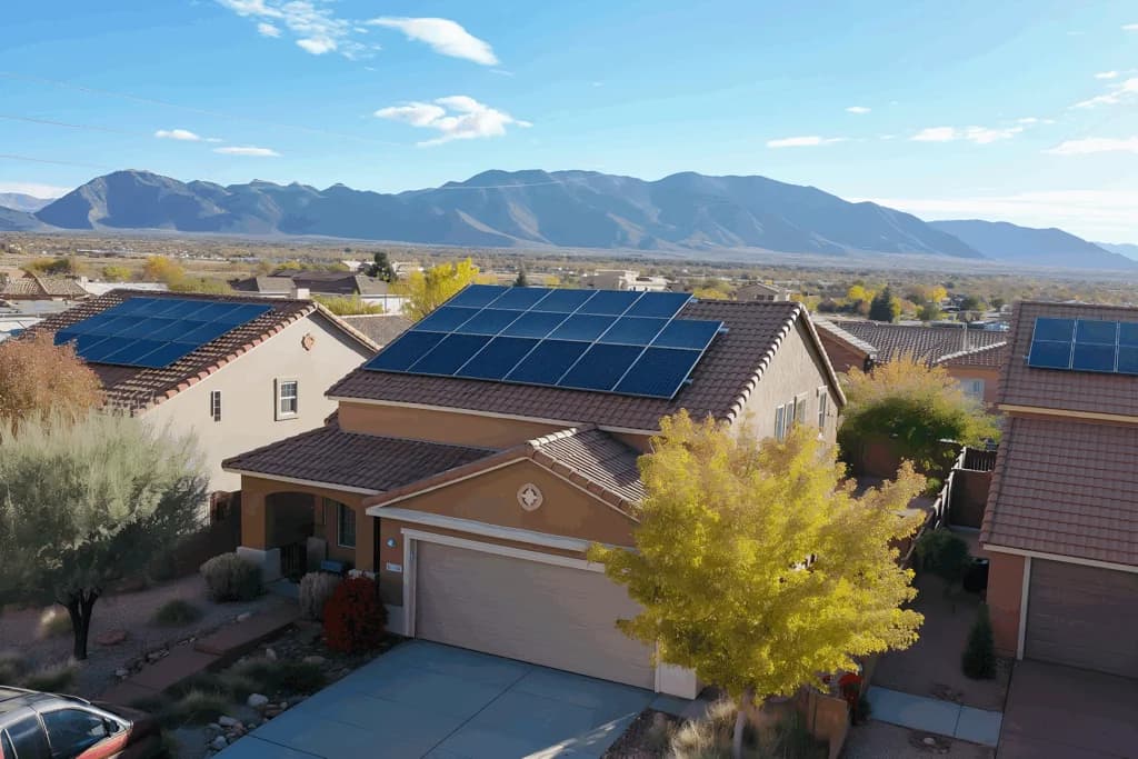Solar-powered homes with photovoltaic panels in Albuquerque, NM, showcasing sustainable energy solutions against a mountainous backdrop.