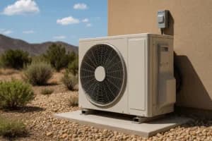 Heat pump unit installed outdoors, surrounded by desert landscape, highlighting energy-efficient HVAC solutions from Nespolo Mechanical.