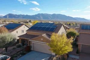 Solar-powered homes with photovoltaic panels in Albuquerque, NM, showcasing sustainable energy solutions against a mountainous backdrop.