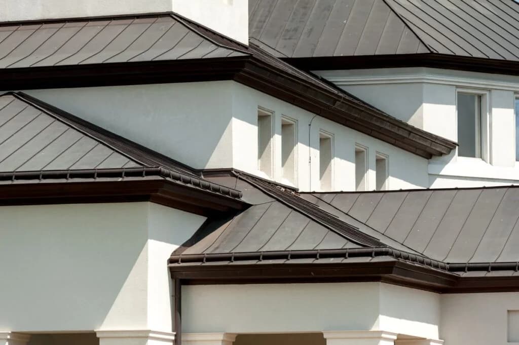 low slope roof with metal tiles