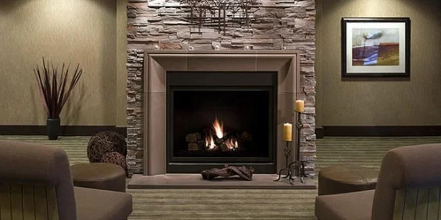 stacked stone fireplace